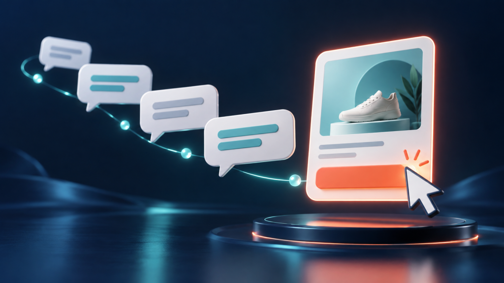 Illustration of advertising in an AI conversation, with a product card and selection cursor